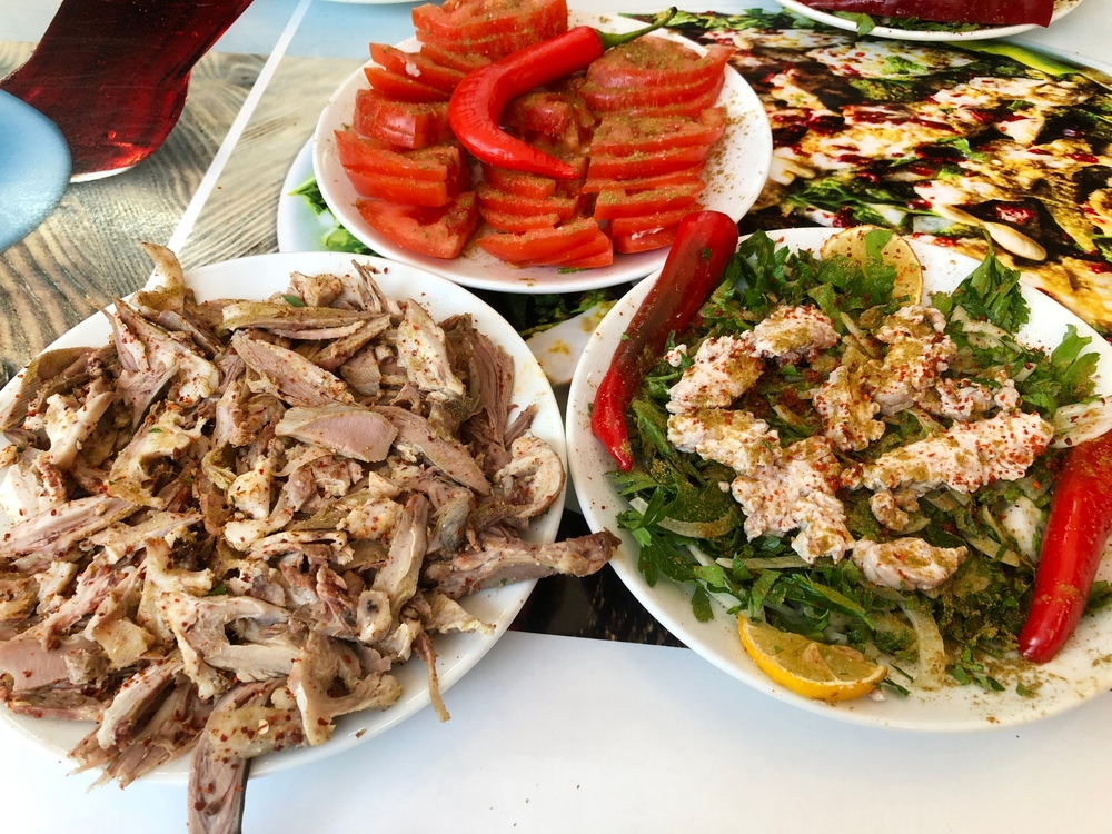 Three dishes with sliced tomatoes, shredded meat, and herbs with peppers.