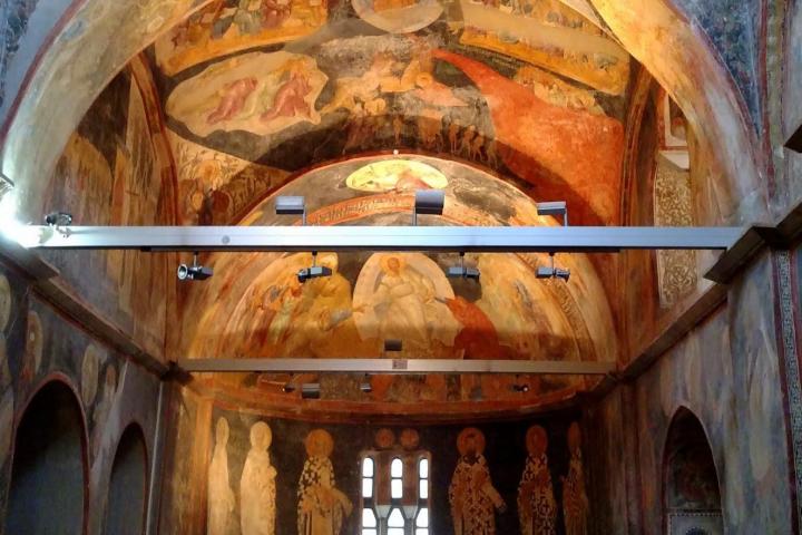 a close up of an old building