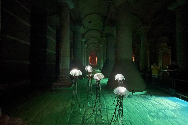 a lamp that is lit up at night