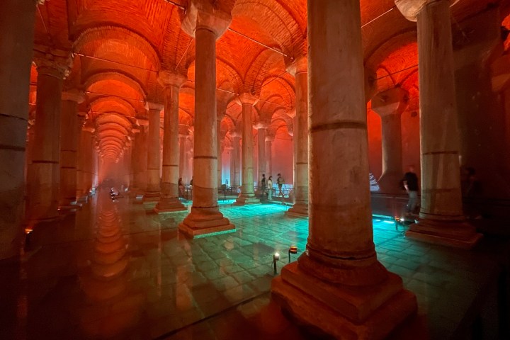a building lit up at night