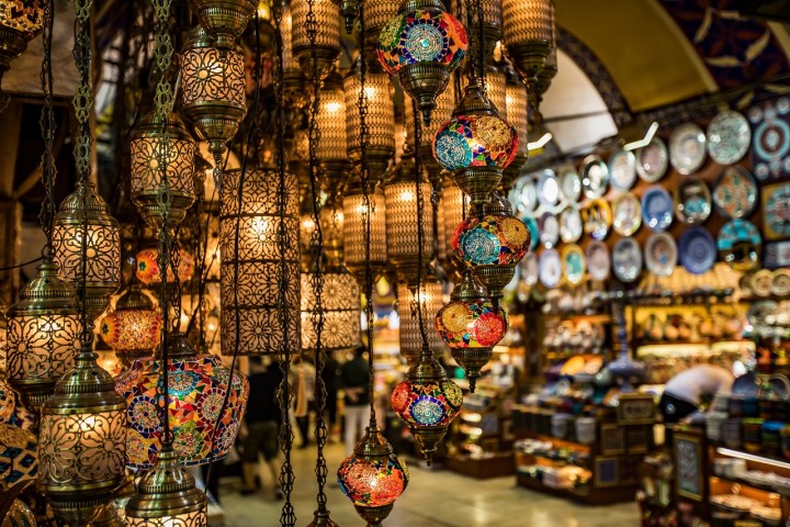 a display in a store with Grand Bazaar, Istanbul in the background
